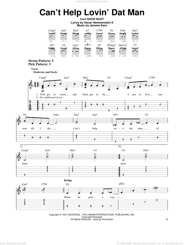 Can't Help Lovin' Dat Man sheet music for guitar solo (easy tablature) by Jerome Kern and Oscar II Hammerstein, easy guitar (easy tablature)