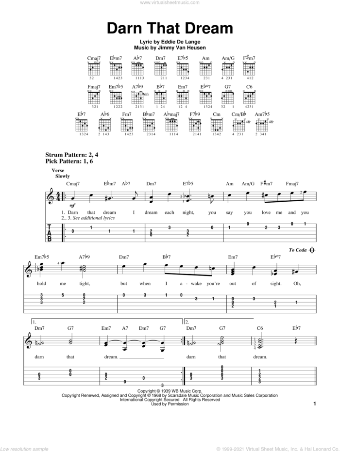 Darn That Dream sheet music for guitar solo (easy tablature) by Jimmy Van Heusen and Eddie DeLange, easy guitar (easy tablature)