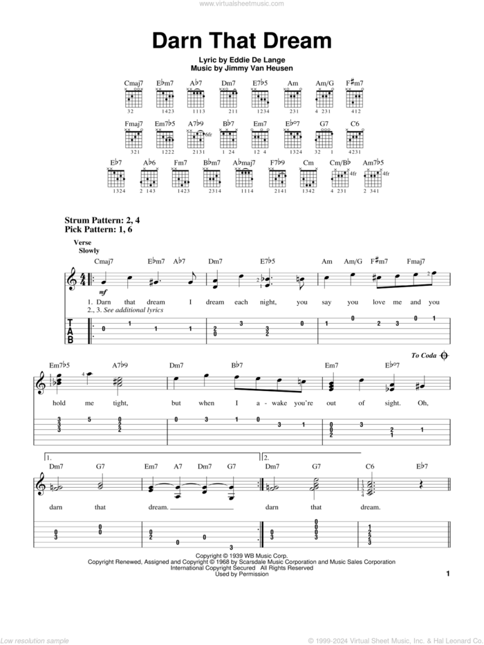 Darn That Dream sheet music for guitar solo (easy tablature) by Jimmy Van Heusen and Eddie DeLange, easy guitar (easy tablature)