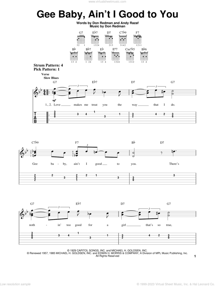 Gee Baby, Ain't I Good To You sheet music for guitar solo (easy tablature) by Andy Razaf, Nat King Cole and Don Redman, easy guitar (easy tablature)