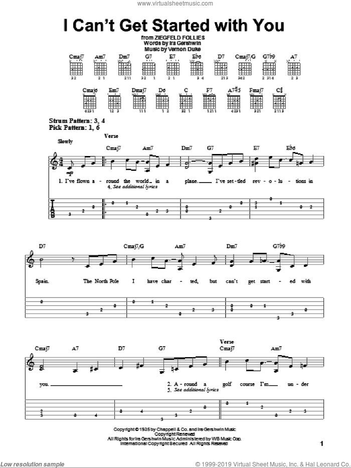 I Can't Get Started With You sheet music for guitar solo (easy tablature) by Ira Gershwin and Vernon Duke, easy guitar (easy tablature)