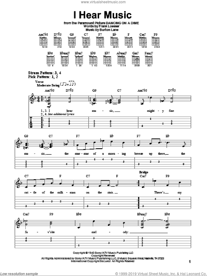 I Hear Music sheet music for guitar solo (easy tablature) by Frank Loesser and Burton Lane, easy guitar (easy tablature)