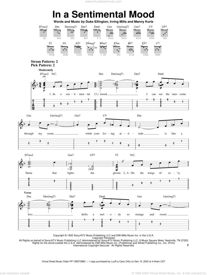 In A Sentimental Mood sheet music for guitar solo (easy tablature) by Duke Ellington, Irving Mills and Manny Kurtz, easy guitar (easy tablature)