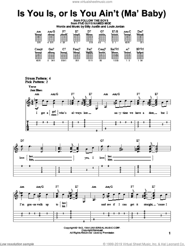 Is You Is, Or Is You Ain't (Ma' Baby) sheet music for guitar solo (easy tablature) by Louis Jordan and Billy Austin, easy guitar (easy tablature)