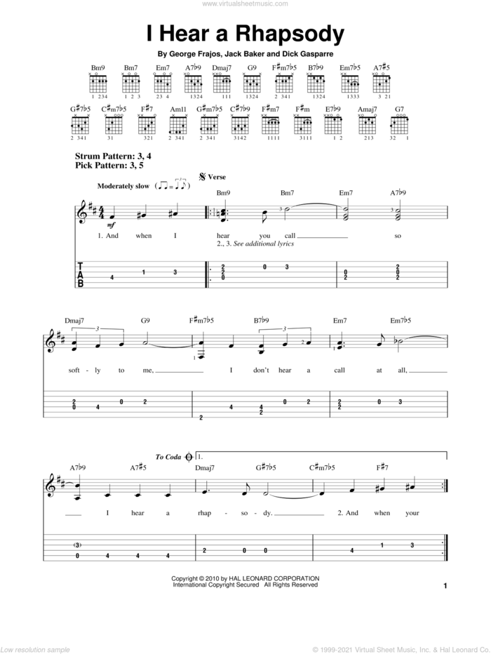 I Hear A Rhapsody sheet music for guitar solo (easy tablature) by Jack Baker, Dick Gasparre and George Frajos, easy guitar (easy tablature)