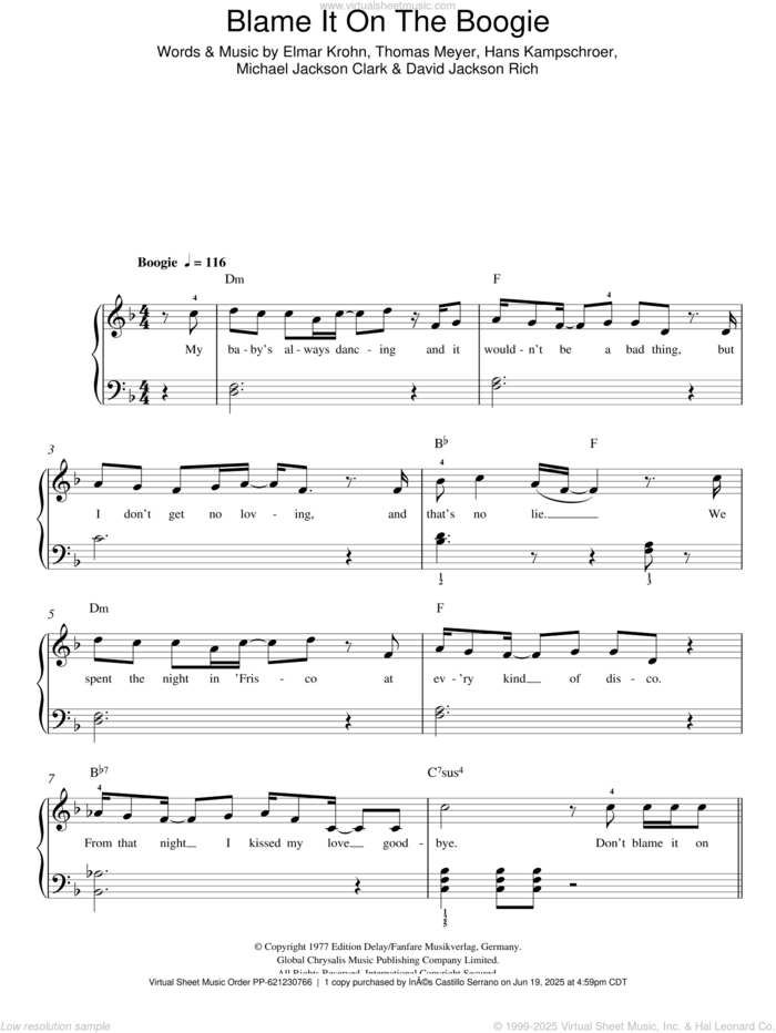Blame It On The Boogie sheet music for piano solo by Michael Jackson, David Jackson Rich, Elmar Krohn, Hans Kampschroer, Michael Jackson Clark and Thomas Meyer, easy skill level