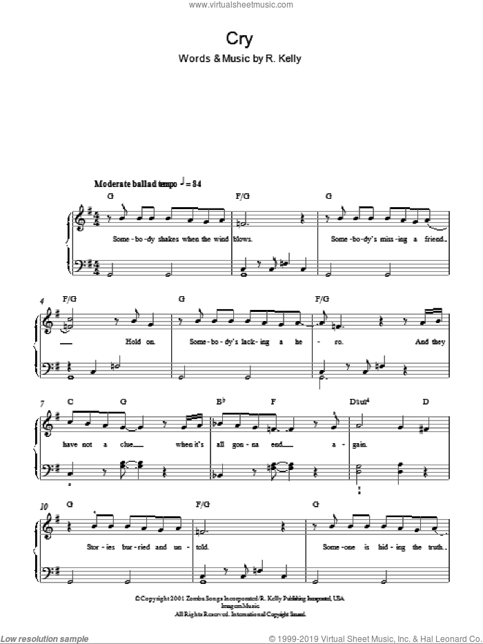 Cry sheet music for piano solo by Michael Jackson and Robert Kelly, easy skill level