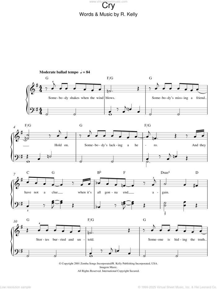 Cry sheet music for piano solo by Michael Jackson and Robert Kelly, easy skill level