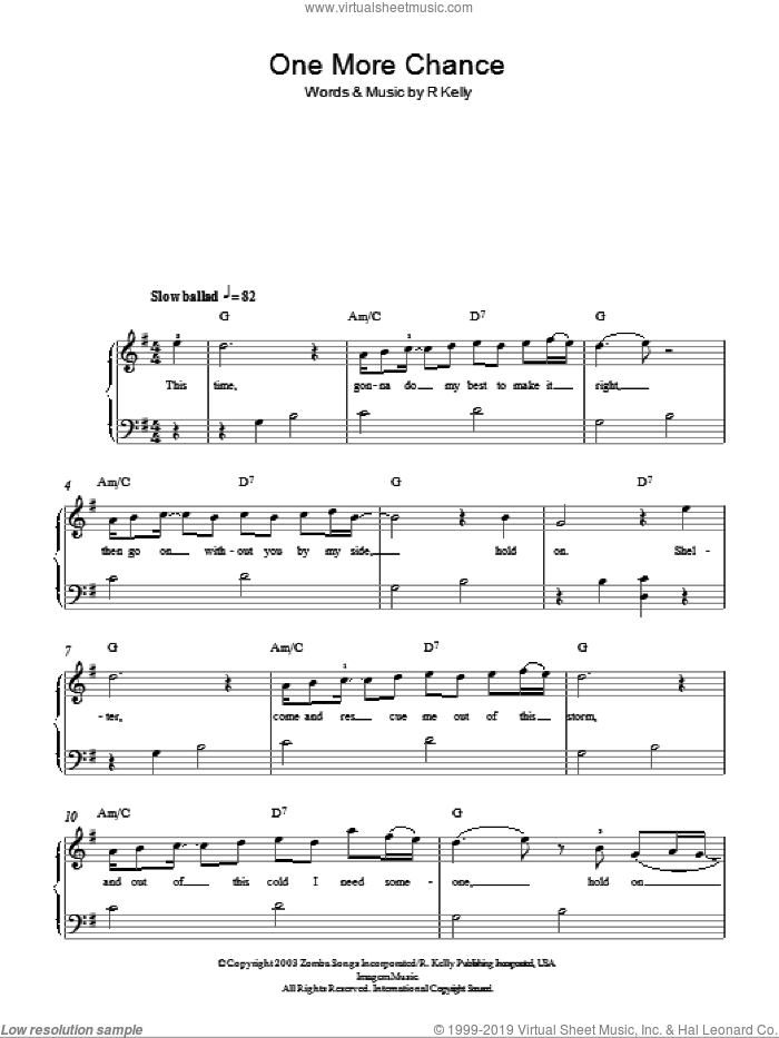 One More Chance sheet music for piano solo by Michael Jackson and Robert Kelly, easy skill level