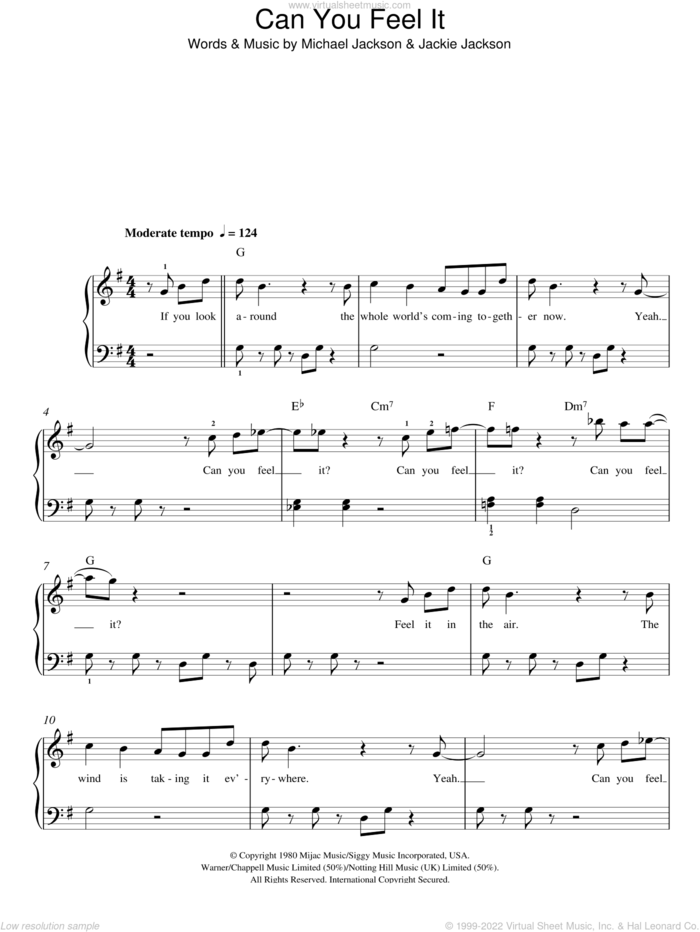 Can You Feel It sheet music for piano solo by Michael Jackson, The Jackson 5 and Jackie Jackson, easy skill level