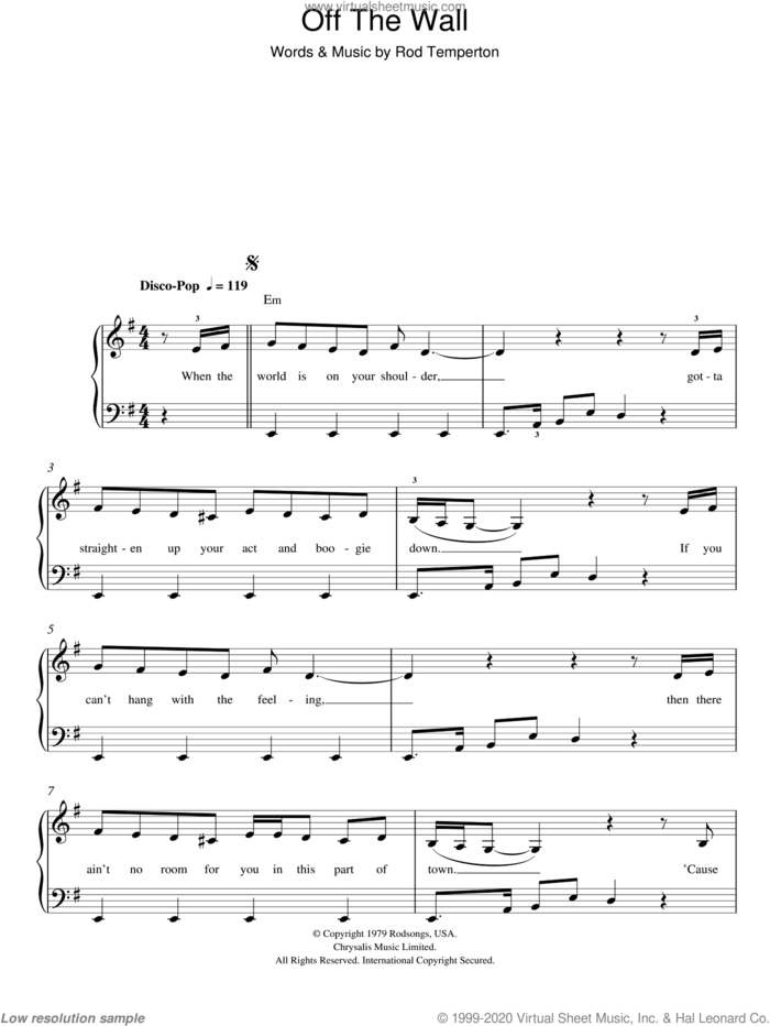 Off The Wall sheet music for piano solo by Michael Jackson and Rod Temperton, easy skill level