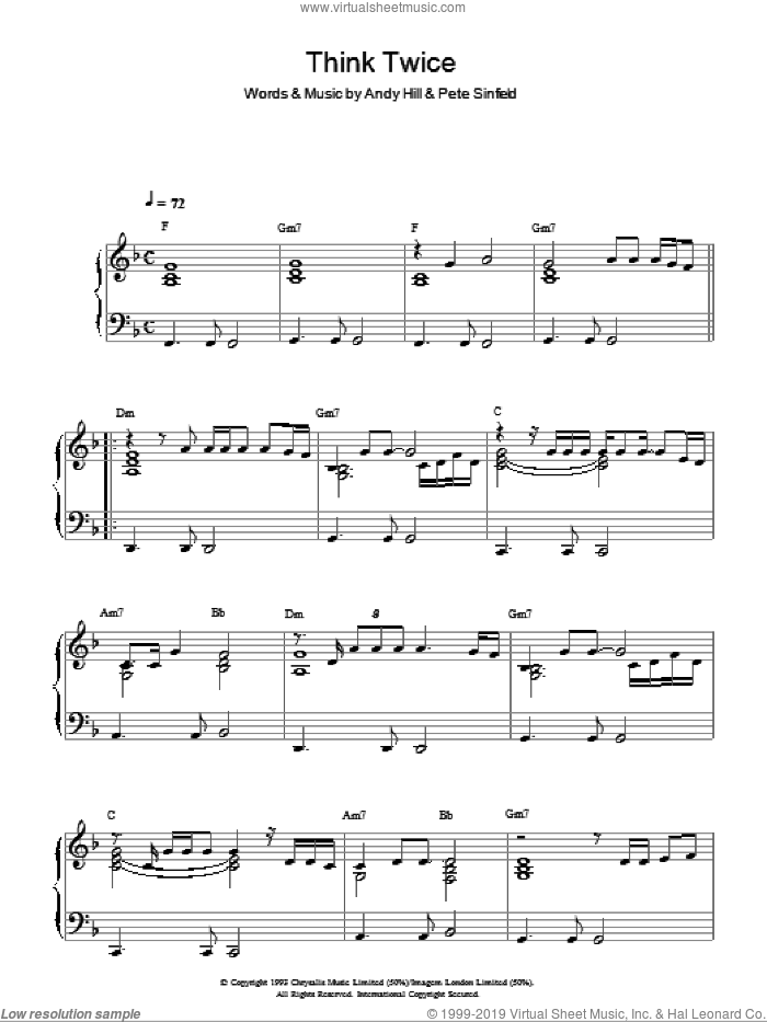 Think Twice sheet music for piano solo by Celine Dion, Andy Hill and Pete Sinfield, intermediate skill level