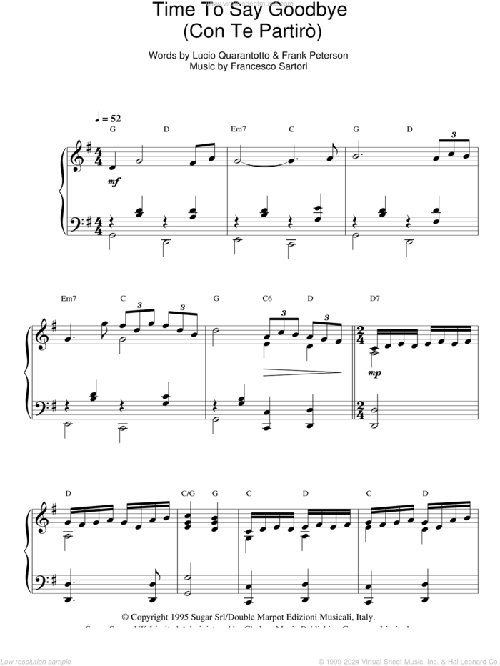 Time To Say Goodbye (Con Te Partiro) sheet music for piano solo by Andrea Bocelli, Francesco Sartori, Frank Petersen and Lucio Quarantotto, classical score, intermediate skill level