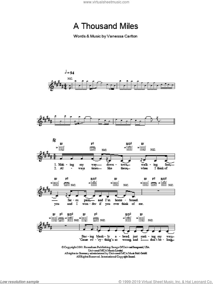 A Thousand Miles sheet music for voice and other instruments (fake book) by Vanessa Carlton, intermediate skill level