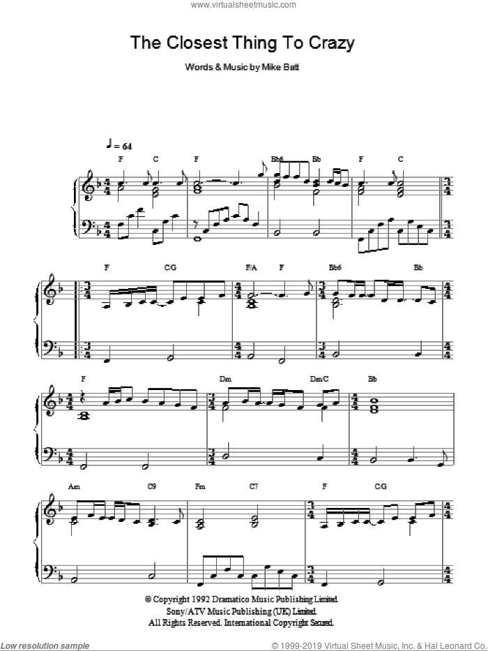 The Closest Thing To Crazy sheet music for piano solo by Katie Melua and Mike Batt, intermediate skill level