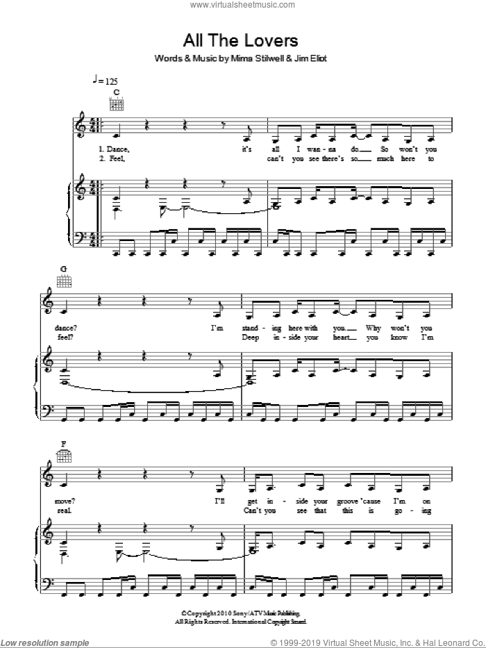 All The Lovers sheet music for voice, piano or guitar by Kylie, Jim Eliot and Mima Stilwell, intermediate skill level