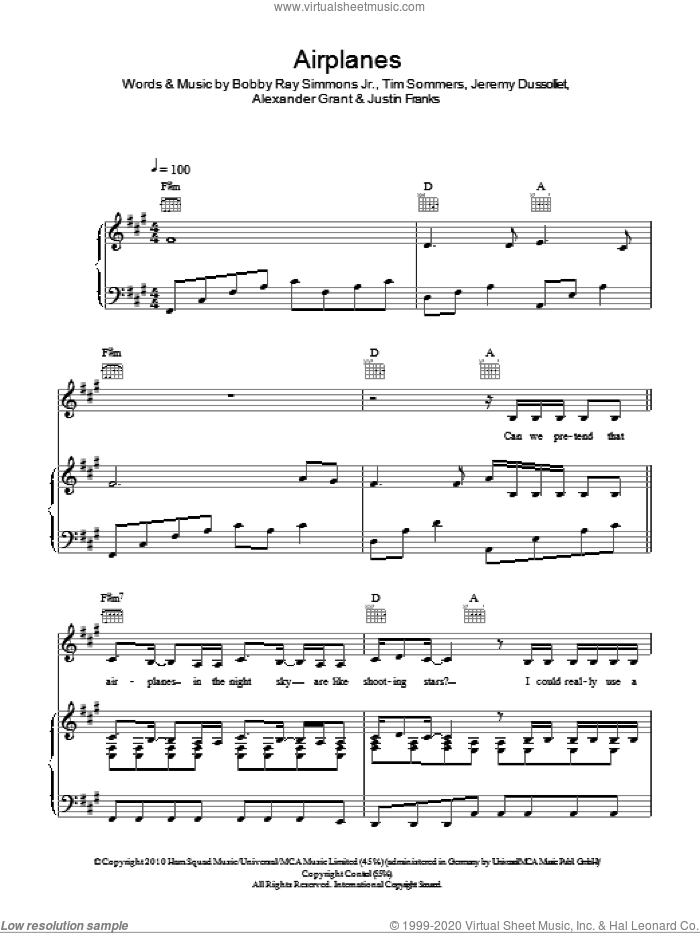 Airplanes sheet music for voice, piano or guitar by B.o.B. featuring Hayley Williams, B.o.B., Hayley Williams, Alexander Grant, Bobby Ray Simmons Jr., Jeremy Dussolliet, Justin Franks and Tim Sommers, intermediate skill level