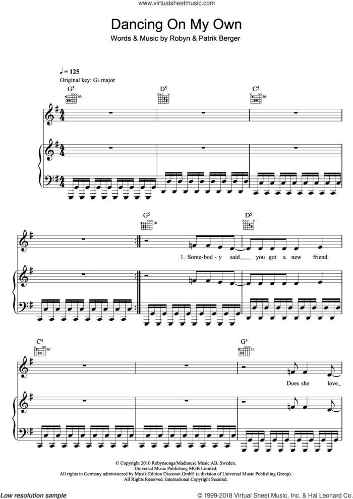 Dancing On My Own sheet music for voice, piano or guitar by Robyn, Calum Scott and Patrik Berger, intermediate skill level