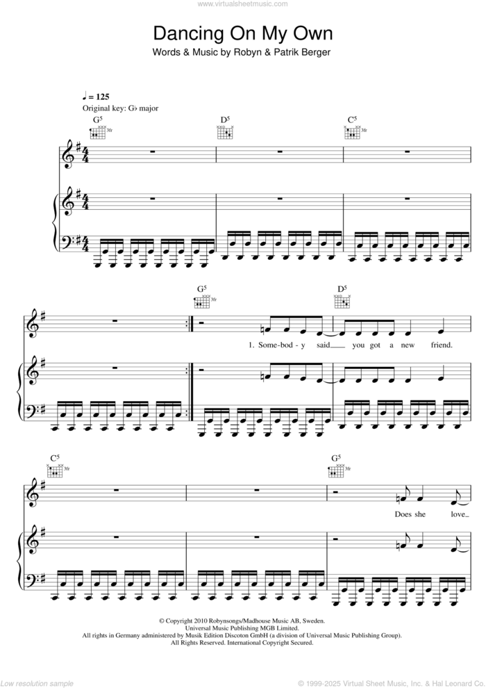 Dancing On My Own sheet music for voice, piano or guitar by Robyn, Calum Scott and Patrik Berger, intermediate skill level