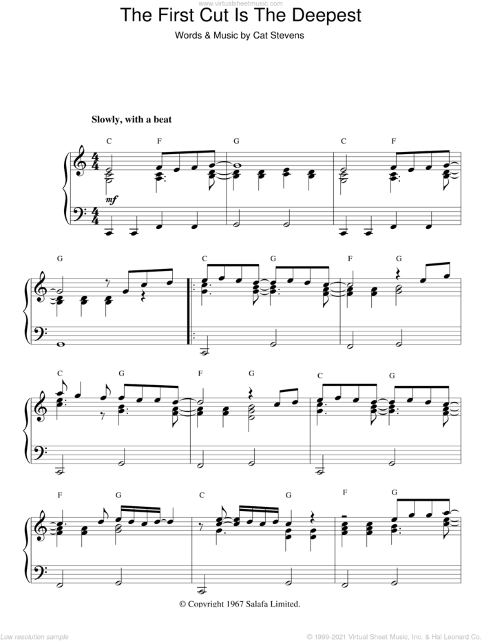The First Cut Is The Deepest sheet music for piano solo by Cat Stevens and Sheryl Crow, intermediate skill level