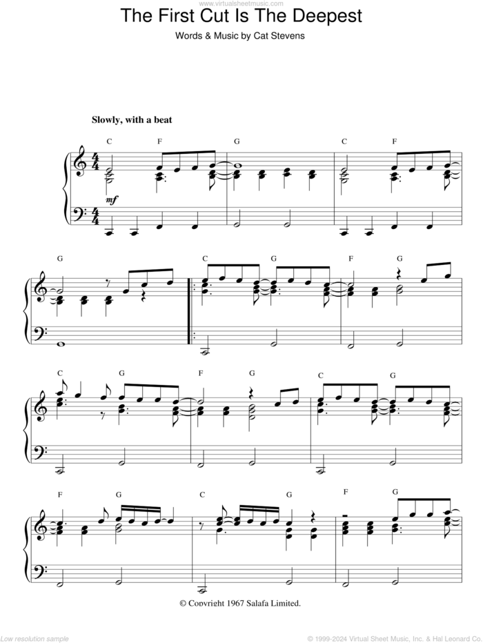 The First Cut Is The Deepest sheet music for piano solo by Cat Stevens and Sheryl Crow, intermediate skill level