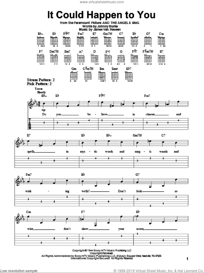 It Could Happen To You sheet music for guitar solo (easy tablature) by Frank Sinatra, Jimmy van Heusen and John Burke, easy guitar (easy tablature)