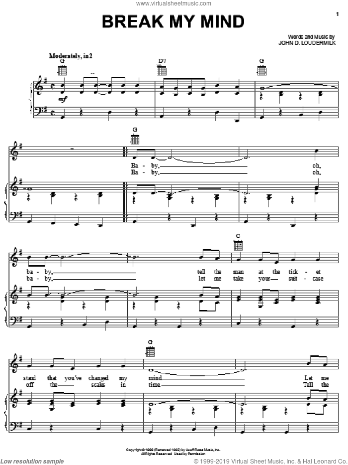 Break My Mind sheet music for voice, piano or guitar by George Hamilton IV and John D. Loudermilk, intermediate skill level