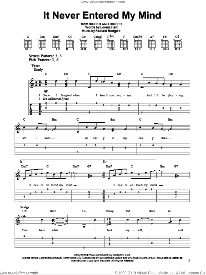 It Never Entered My Mind sheet music for guitar solo (easy tablature) by Rodgers & Hart, Lorenz Hart and Richard Rodgers, easy guitar (easy tablature)
