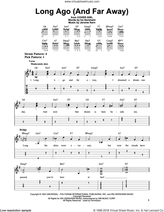 Long Ago (And Far Away) sheet music for guitar solo (easy tablature) by Jerome Kern and Ira Gershwin, easy guitar (easy tablature)