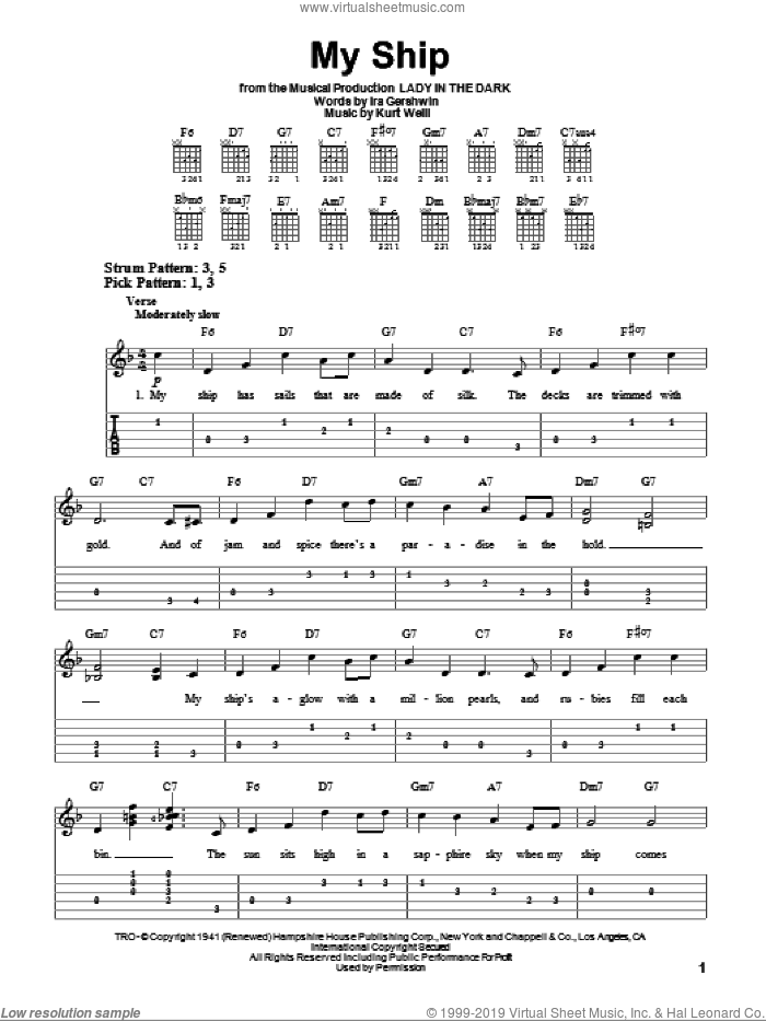My Ship sheet music for guitar solo (easy tablature) by Kurt Weill and Ira Gershwin, easy guitar (easy tablature)