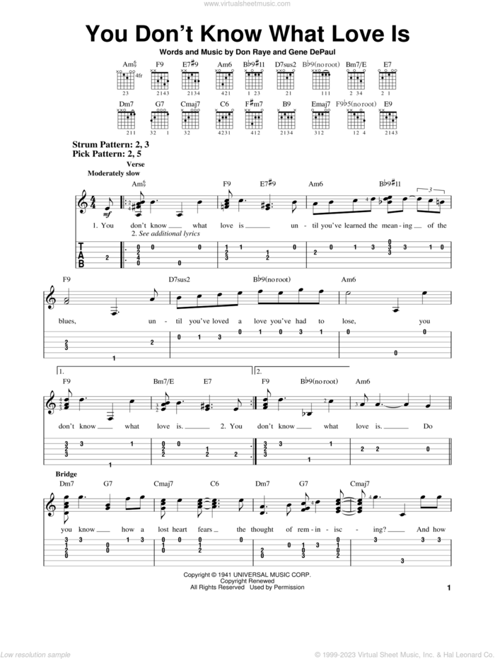 You Don't Know What Love Is sheet music for guitar solo (easy tablature) by Carol Bruce, Don Raye and Gene DePaul, easy guitar (easy tablature)