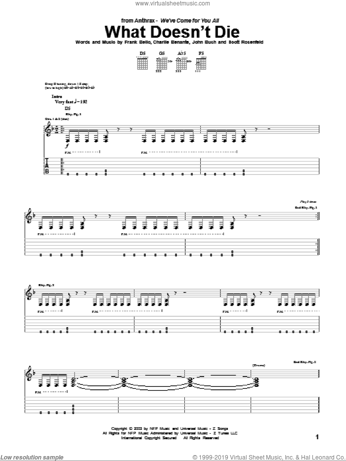What Doesn't Die sheet music for guitar (tablature) by Anthrax, Charlie Benante, Frank Bello, John Bush and Scott Rosenfeld, intermediate skill level