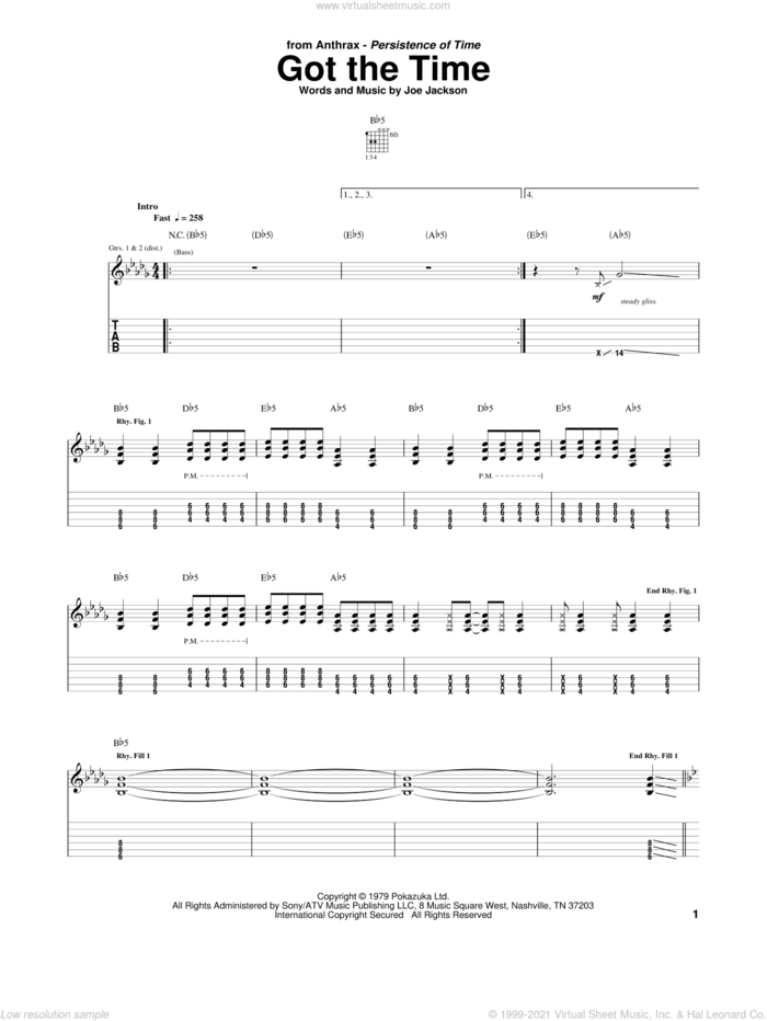 Got The Time sheet music for guitar (tablature) by Anthrax and Joe Jackson, intermediate skill level