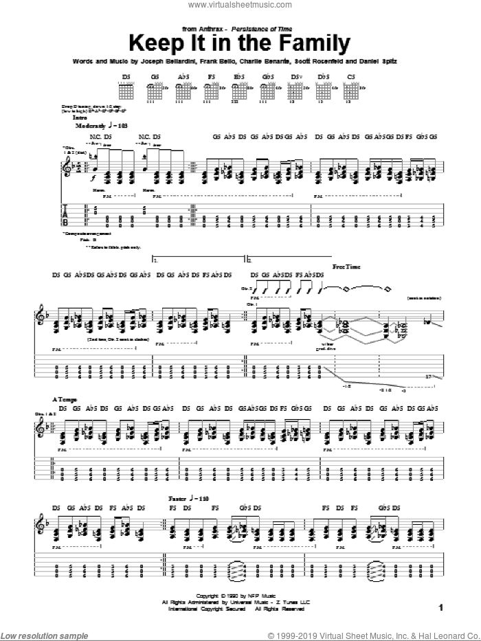 Keep It In The Family sheet music for guitar (tablature) by Anthrax, Charlie Benante, Daniel Spitz, Frank Bello, Joseph Bellardini and Scott Rosenfeld, intermediate skill level