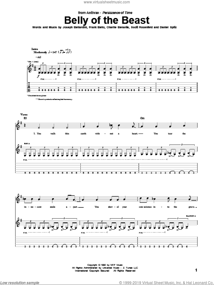 Belly Of The Beast sheet music for guitar (tablature) by Anthrax, Charlie Benante, Daniel Spitz, Frank Bello, Joseph Bellardini and Scott Rosenfeld, intermediate skill level