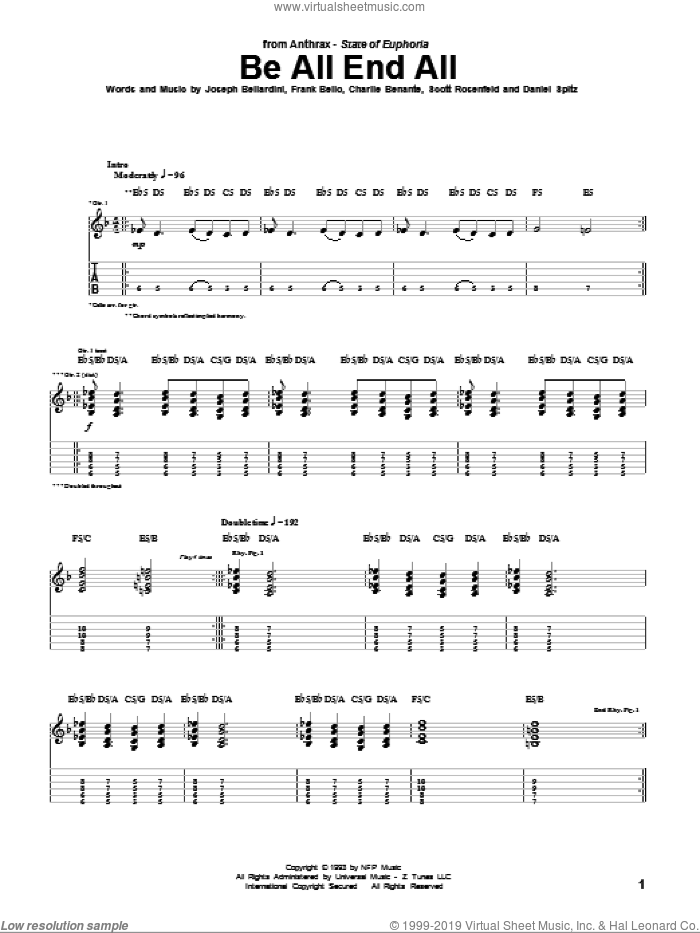 Be All End All sheet music for guitar (tablature) by Anthrax, Charlie Benante, Daniel Spitz, Frank Bello, Joseph Bellardini and Scott Rosenfeld, intermediate skill level