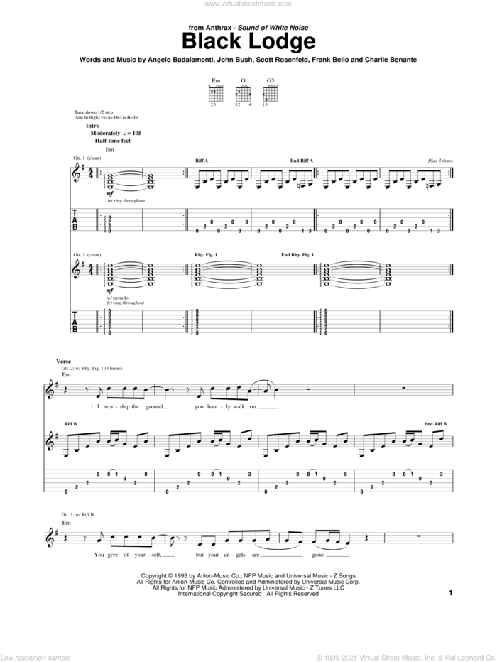 Black Lodge sheet music for guitar (tablature) by Anthrax, Angelo Badalamenti, Charlie Benante, Frank Bello, John Bush and Scott Rosenfeld, intermediate skill level