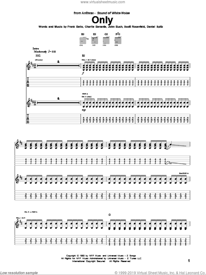 Only sheet music for guitar (tablature) by Anthrax, Charlie Benante, Daniel Spitz, Frank Bello, John Bush and Scott Rosenfeld, intermediate skill level