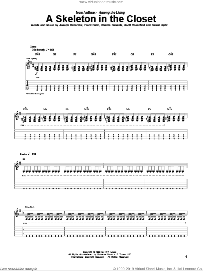 A Skeleton In The Closet sheet music for guitar (tablature) by Anthrax, Charlie Benante, Daniel Spitz, Frank Bello, Joseph Bellardini and Scott Rosenfeld, intermediate skill level
