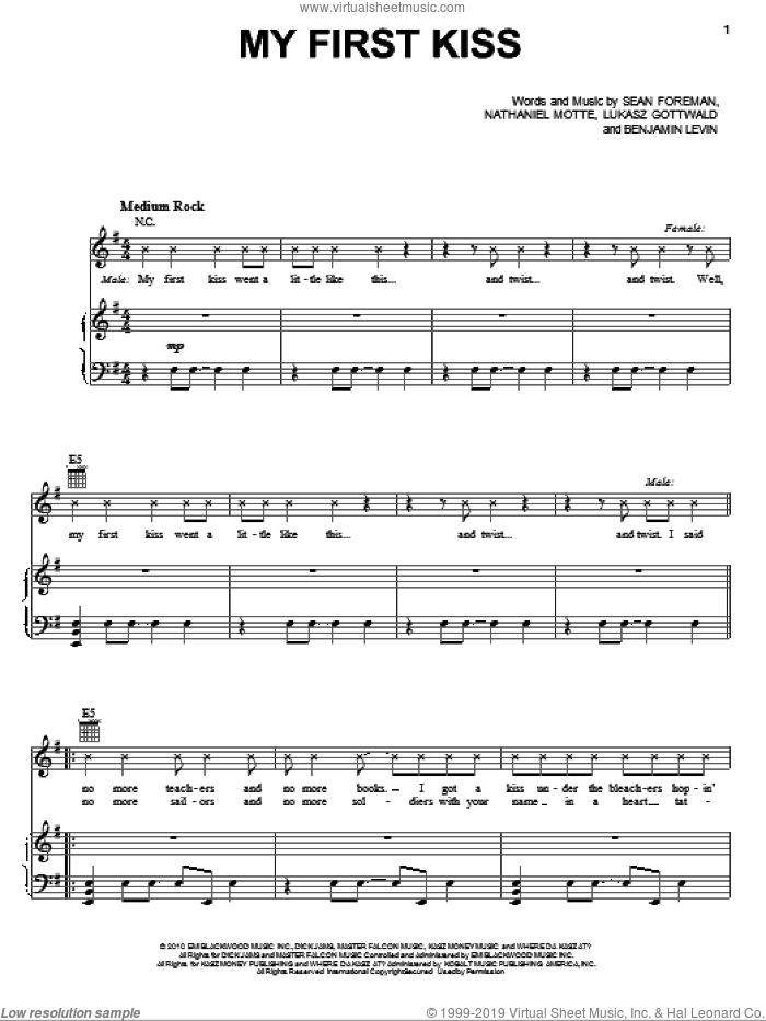My First Kiss sheet music for voice, piano or guitar by 3OH!3 featuring Ke$ha, 3OH!3, Kesha, Benjamin Levin, Lukasz Gottwald, Nathaniel Motte and Sean Foreman, intermediate skill level