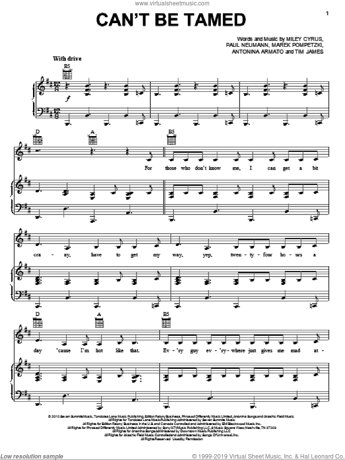 Can't Be Tamed sheet music for voice, piano or guitar by Miley Cyrus, Antonina Armato, Marek Pompetzki, Paul Neumann and Tim James, intermediate skill level