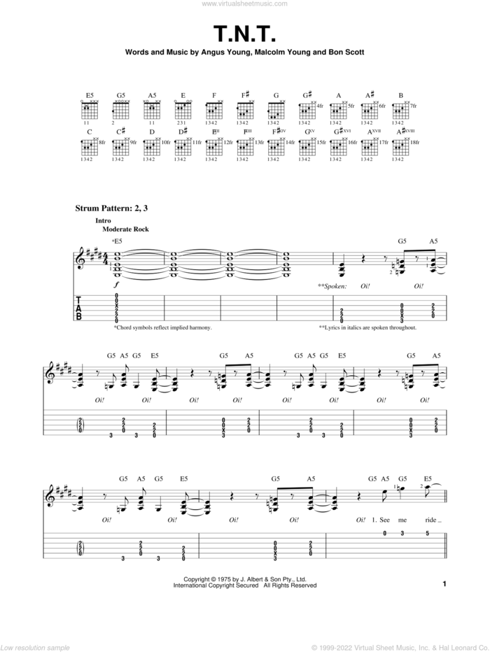 T.N.T. sheet music for guitar solo (easy tablature) by AC/DC, Angus Young, Bon Scott and Malcolm Young, easy guitar (easy tablature)