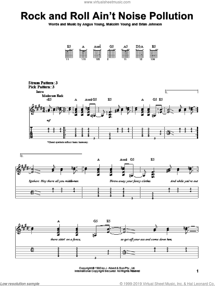 Rock And Roll Ain't Noise Pollution sheet music for guitar solo (easy tablature) by AC/DC, Angus Young, Brian Johnson and Malcolm Young, easy guitar (easy tablature)