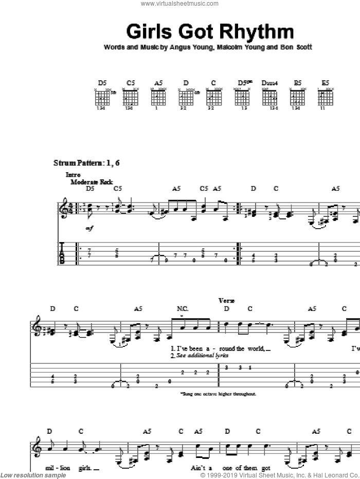 Girls Got Rhythm sheet music for guitar solo (easy tablature) by AC/DC, Angus Young, Bon Scott and Malcolm Young, easy guitar (easy tablature)