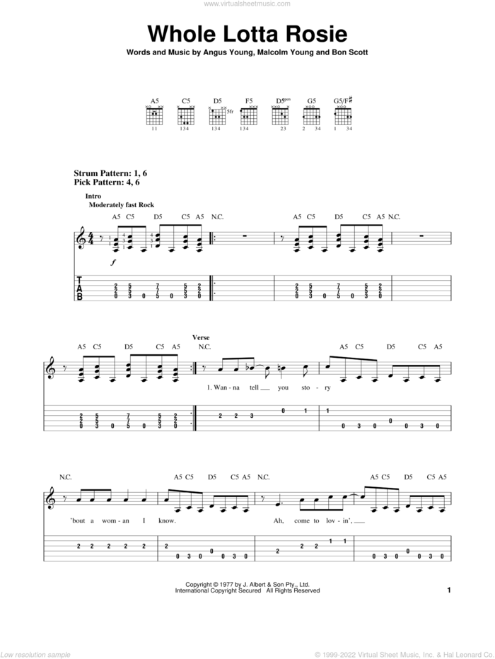 Whole Lotta Rosie sheet music for guitar solo (easy tablature) by AC/DC, Angus Young, Bon Scott and Malcolm Young, easy guitar (easy tablature)