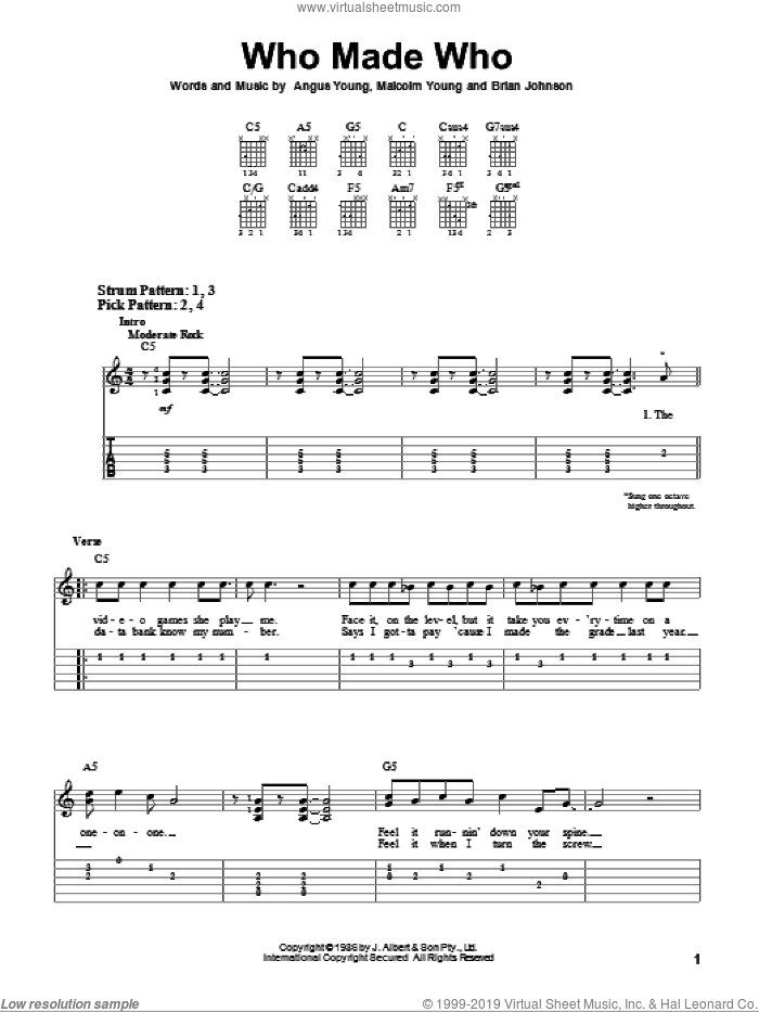 Who Made Who sheet music for guitar solo (easy tablature) by AC/DC, Angus Young, Brian Johnson and Malcolm Young, easy guitar (easy tablature)