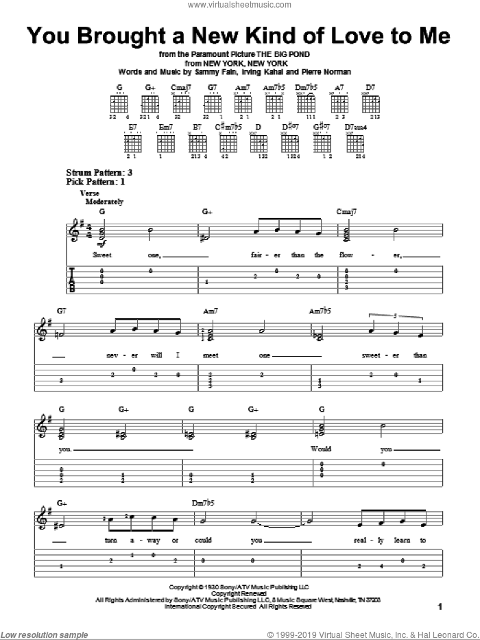 You Brought A New Kind Of Love To Me sheet music for guitar solo (easy tablature) by Frank Sinatra, Irving Kahal, Pierre Norman and Sammy Fain, easy guitar (easy tablature)