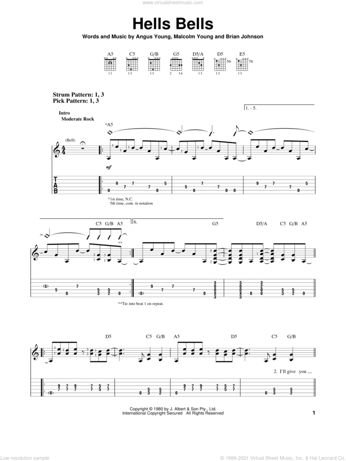 Hells Bells sheet music for guitar solo (easy tablature) by AC/DC, Angus Young, Brian Johnson and Malcolm Young, easy guitar (easy tablature)