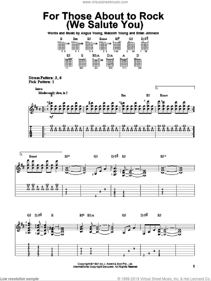For Those About To Rock (We Salute You) sheet music for guitar solo (easy tablature) by AC/DC, Angus Young, Brian Johnson and Malcolm Young, easy guitar (easy tablature)