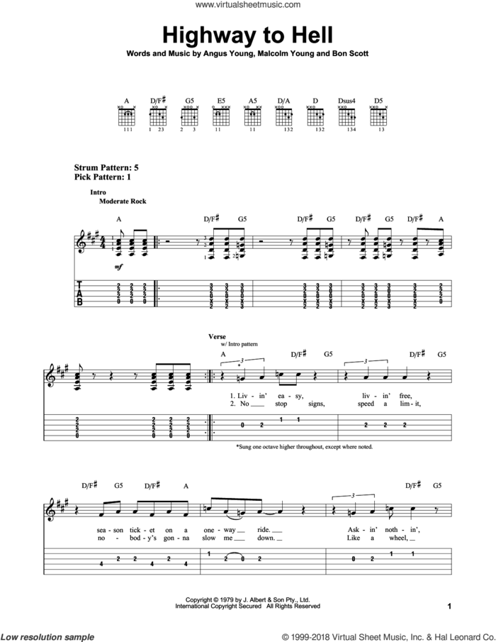 Highway To Hell sheet music for guitar solo (easy tablature) by AC/DC, Angus Young, Bon Scott and Malcolm Young, easy guitar (easy tablature)